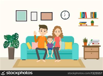 Cartoon happy family stay home on sofa in the living room - Vector illustration