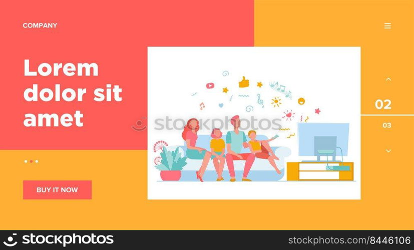 Cartoon happy family watching television together isolated flat vector illustration. Mother, father and kids relaxing on couch at home. Technology, lifestyle and entertainment concept