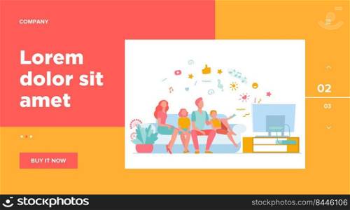 Cartoon happy family watching television together isolated flat vector illustration. Mother, father and kids relaxing on couch at home. Technology, lifestyle and entertainment concept