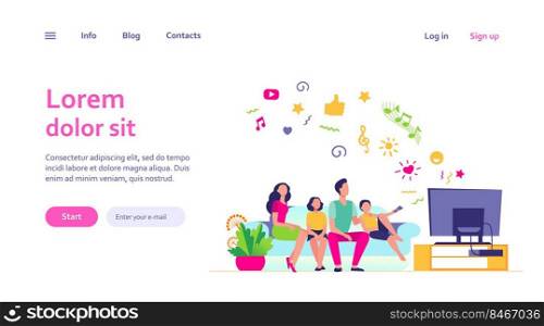 Cartoon happy family watching television together isolated flat vector illustration. Mother, father and kids relaxing on couch at home. Technology, lifestyle and entertainment concept