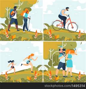 Cartoon Happy Family with Child, Friends and Lonely People Character. Summertime Activities Set. Cycling, Hiking and Trekking, Jogging and Running Marathon, Walking in Forest. Vector Flat Illustration. Happy Family, Friends and Lonely People Summer Set
