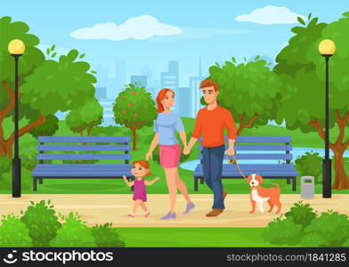 Cartoon happy family with kids walking in city park. Father, mother and daughter spending time outdoor in summer park vector illustration. Cheerful parents and child with dog outside. Cartoon happy family with kids walking in city park. Father, mother and daughter spending time outdoor in summer park vector illustration