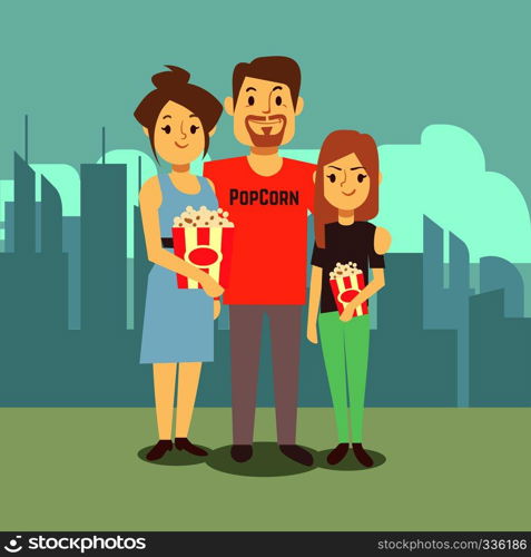 Cartoon happy family with popcorn on city landscape. Vector illustration. Cartoon happy family with popcorn on city landscape