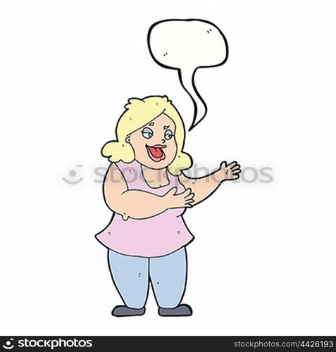 cartoon happy fat woman with speech bubble