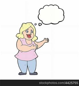 cartoon happy fat woman with thought bubble