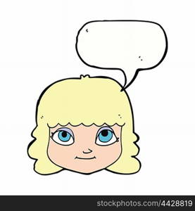 cartoon happy female face with speech bubble