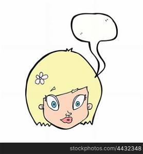 cartoon happy female face with speech bubble
