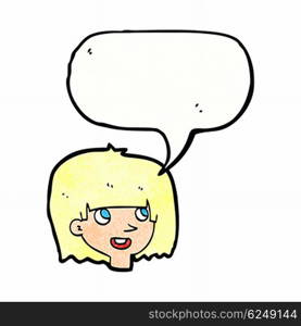 cartoon happy female face with speech bubble