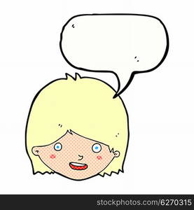 cartoon happy female face with speech bubble