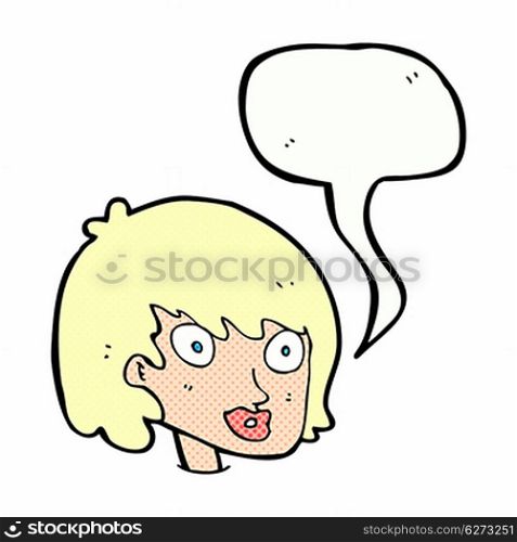 cartoon happy female face with speech bubble