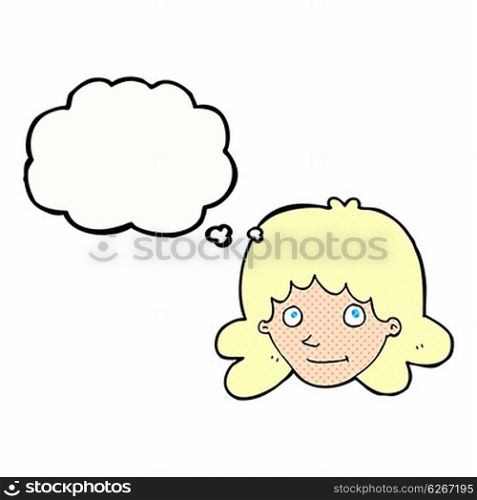 cartoon happy female face with thought bubble