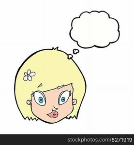 cartoon happy female face with thought bubble