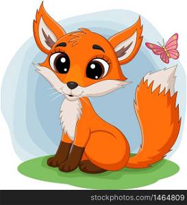 Cartoon happy fox sitting on grass