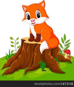 Cartoon happy fox sitting on tree stump