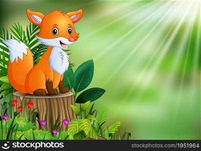Cartoon happy fox sitting on tree stump with green plants