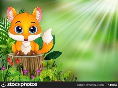 Cartoon happy fox sitting on tree stump with green plants