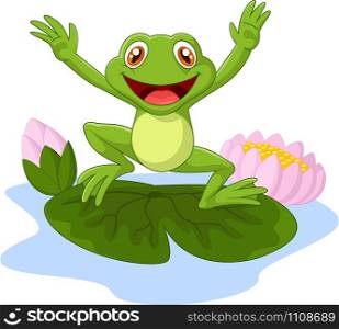 Cartoon happy frog jumping on a water lily