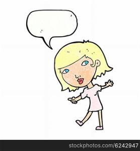 cartoon happy girl gesturing to follow with speech bubble