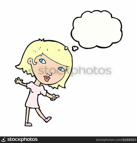 cartoon happy girl gesturing to follow with thought bubble