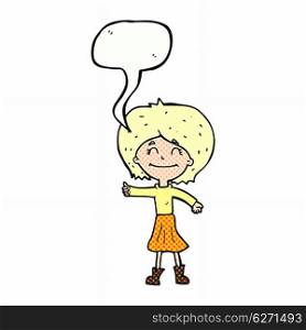 cartoon happy girl giving thumbs up symbol with speech bubble