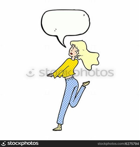 cartoon happy girl kicking out leg with speech bubble