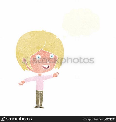cartoon happy girl waving with thought bubble