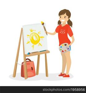 Cartoon happy girl with palette and brush.Caucasian female kid artist with easel.Isolated on white background,flat vector illustration.