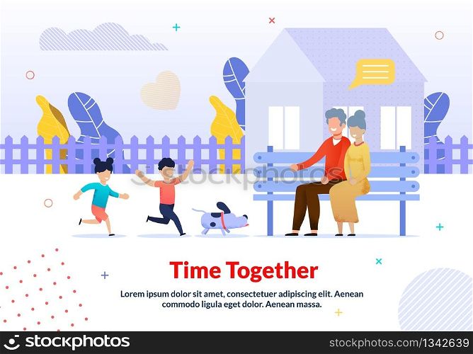 Cartoon Happy Grandparents and Grandchildren Characters. Walking with Domestic Pet Dog in Yard. Grandpa and Grandma Sitting on Bench Looking at Playful Kids. Flat Poster. Vector Illustration. Grandparents and Grandchildren Walking Poster