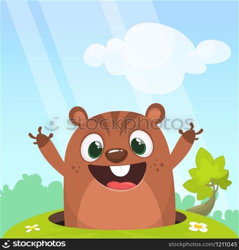 Cartoon Happy Groundhog day card with cute brown groundhog or marmot or woodchuck isolated on meadow green grass background