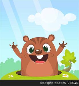 Cartoon Happy Groundhog day card with cute brown groundhog or marmot or woodchuck isolated on meadow green grass background
