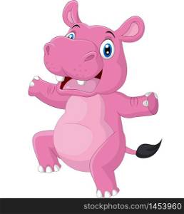 Cartoon happy hippo dancing on white background