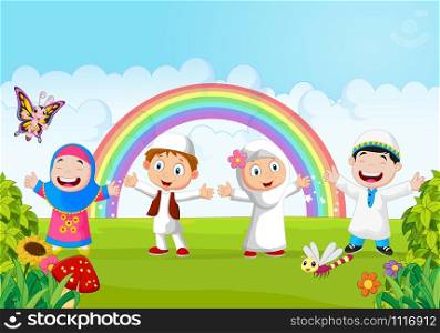 Cartoon happy kid muslim with rainbow