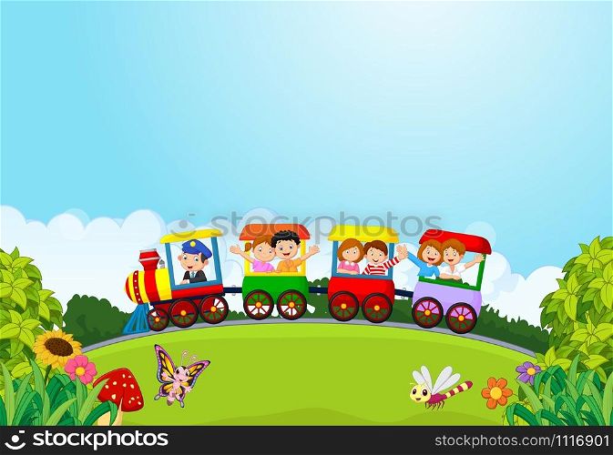 Cartoon happy kids on a colorful train