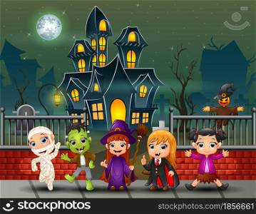 Cartoon happy kids on the halloween day