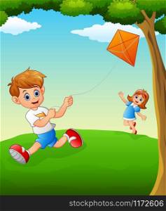 Cartoon Happy kids playing kite