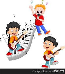 Cartoon happy kids singing and playing music