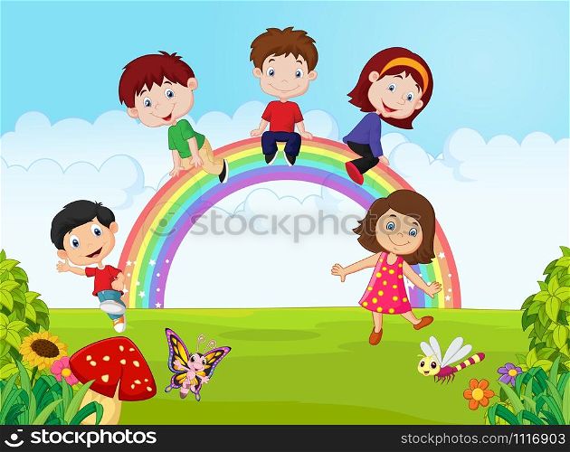 Cartoon Happy kids sitting on rainbow on the jungle