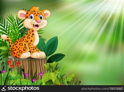 Cartoon happy leopard on tree stump with green plants
