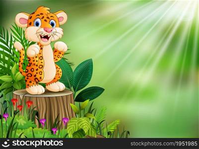 Cartoon happy leopard standing on tree stump with green plants