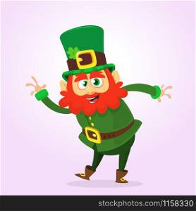 Cartoon happy leprechaun waving hand. St. Patrick design