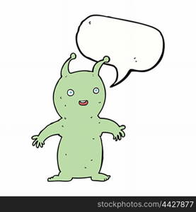 cartoon happy little alien with speech bubble