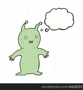 cartoon happy little alien with thought bubble