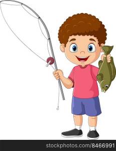 Cartoon happy little boy fishing