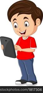 Cartoon happy little boy holding tablet
