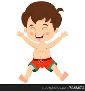 Cartoon happy little boy in a summer swimsuit