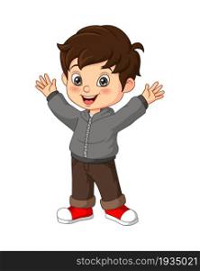 Cartoon happy little boy raising hands
