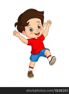 Cartoon happy little boy raising hands