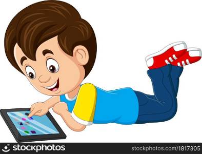 Cartoon happy little boy using tablet