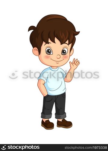 Cartoon happy little boy waving hand