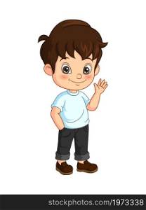 Cartoon happy little boy waving hand
